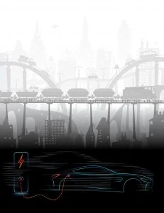 Graphic of a charging electric vehicle in a city