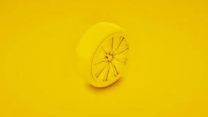 Car wheel, yellow background. 3D illustration.