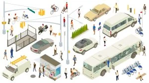 A varied, detailed set of city street icons include traffic lights, lamppost, signs, subway entrance, fire hydrant, bike rack, newsstand, bench, manhole cover, and a row of shrubs