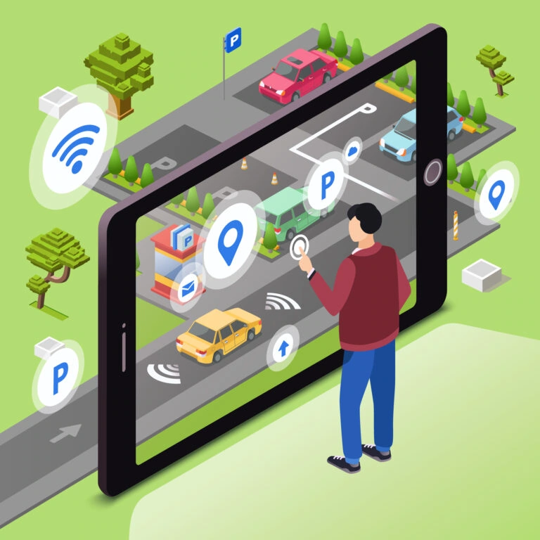 Smart parking vector illustration. Man user with smartphone touch screen control car driving to parking lot through internet connection of smart technology communication. Isometric cartoon flat design