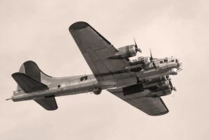 World War II bomber. Bomb bay doors open. B-17 Flying Fortress.