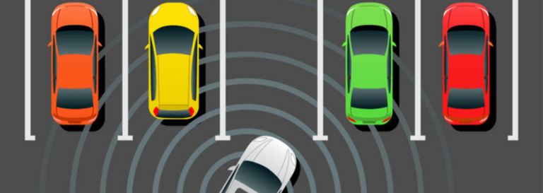 Rendering of parking spaces with colorful cars, one pulling into a space