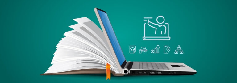 Graphic for Instructor Led class, with laptop, icons and book