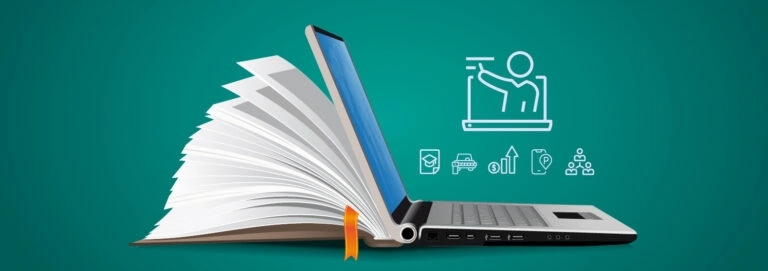 Graphic for Instructor Led class, with laptop, icons and book