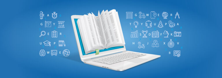 Graphic for Webinar with alphabet, graphics and laptop with book