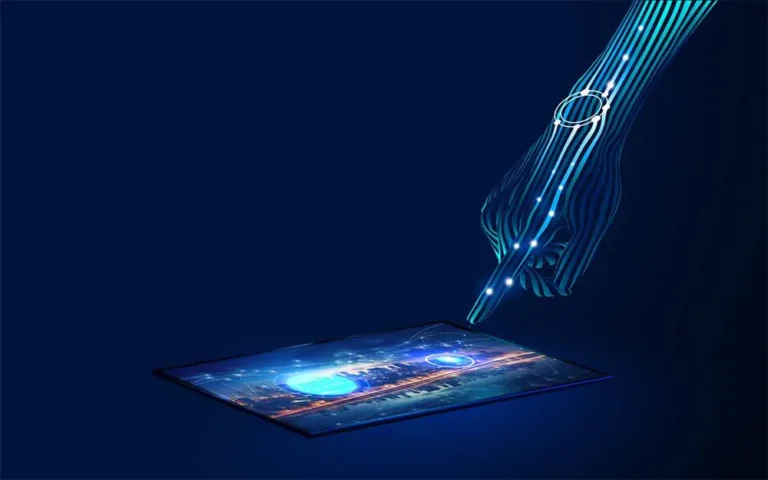 Neon hand pointing to card showing neon representation of a city