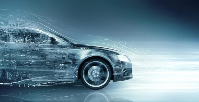 Illustration of a car driving fast in rain
