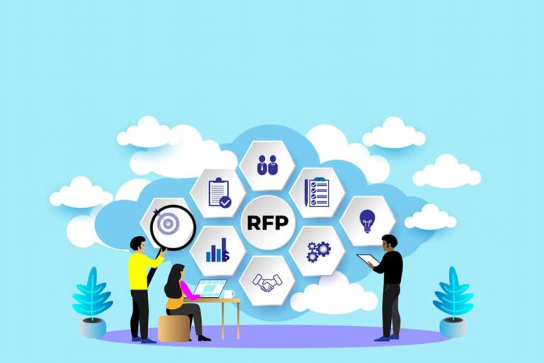 Stock image of business persons working in front of business icons in the sky