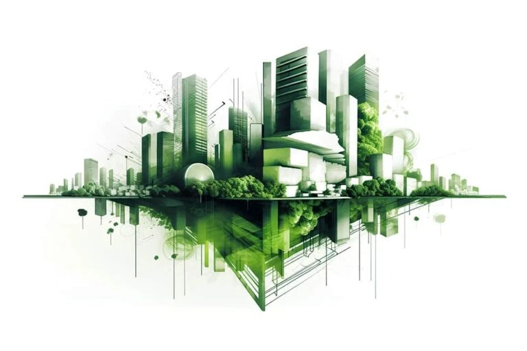 large green rendering of the silhouette of a city