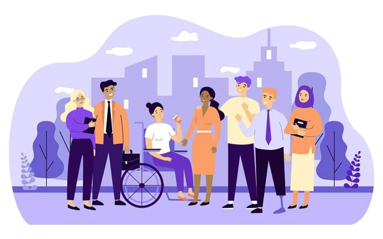 stock image of several handicapped people having a discussion with many others