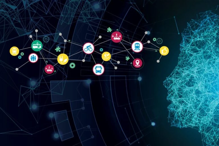 Interactions between tech devices and people juxtaposed with a highly connected network