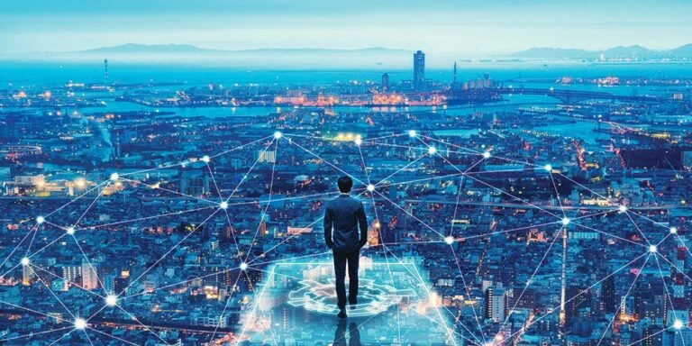 Business man overlooking a future network covering a city
