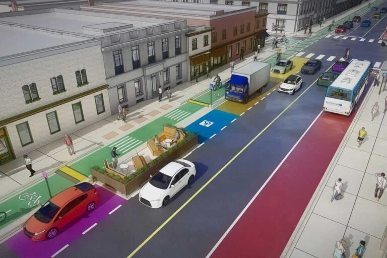Curb Management rendering, including parking, autos on street, a bus in a bus line and people walking and talking on the sidewalk
