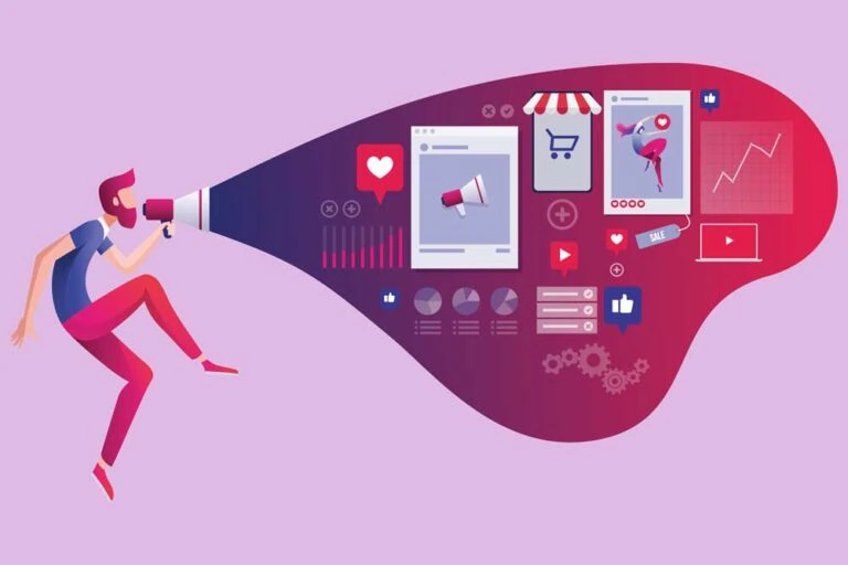 drawing of man speaking into a bullhorn representing e-commerce