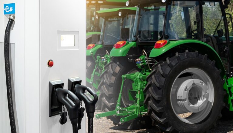 Electric vehicles charging station on a background of agricultural tractors