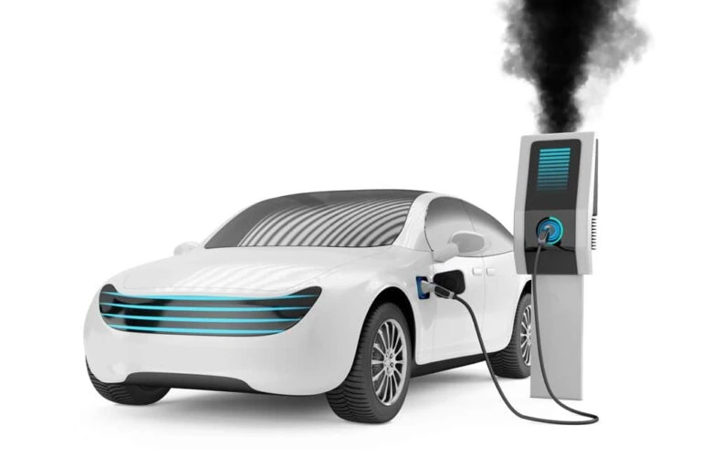 Rendering of electric car charging at a charging station.