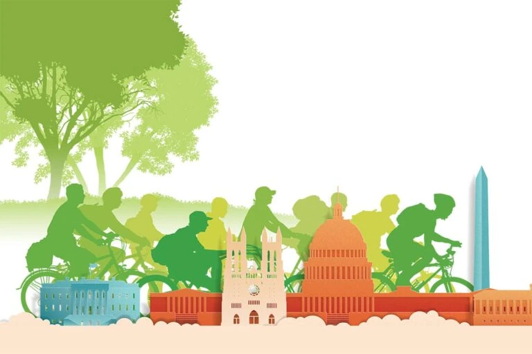 multiple bicyclists in shades of green silouetted behind multi-colored drawing of buildings
