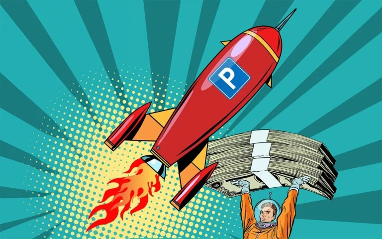 Image depicting a rocket with a large "P" and an astronaut holding packs of 0 dollar bills
