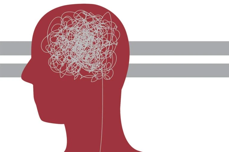 Stock image of silhouetted man's head with knotted string where his brain should be