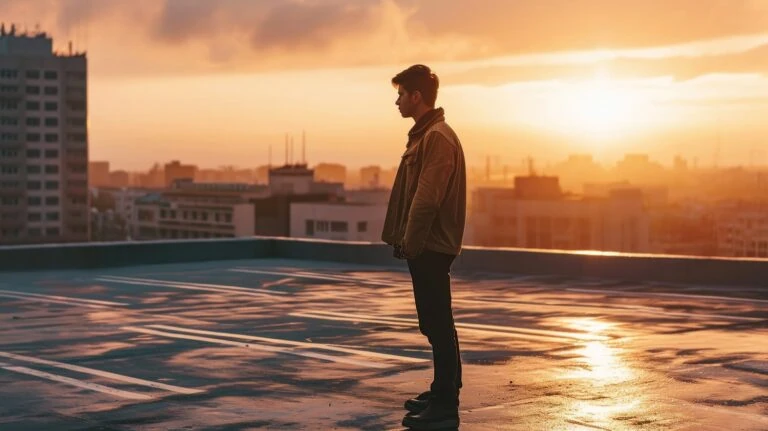 Man standing on an empty roof parking lot