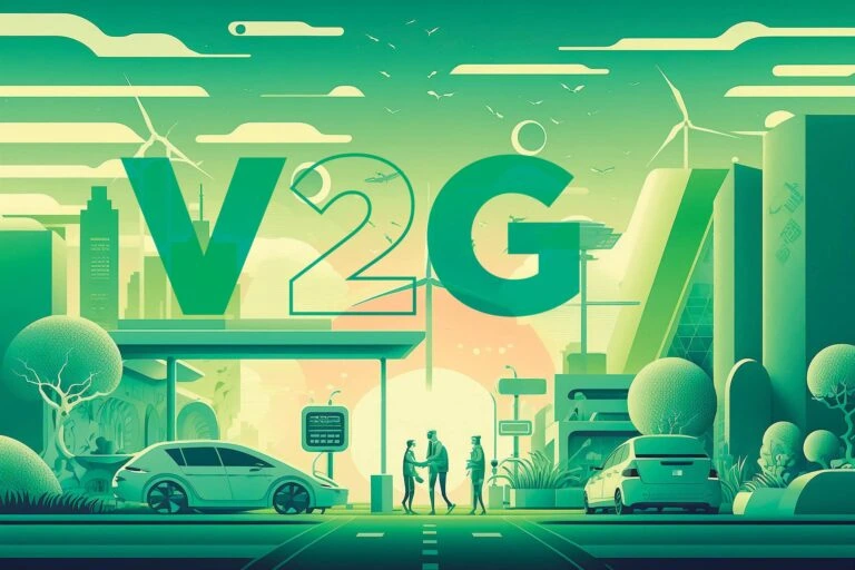 green fantasy image of people standing near a charging station while a car is getting charged.