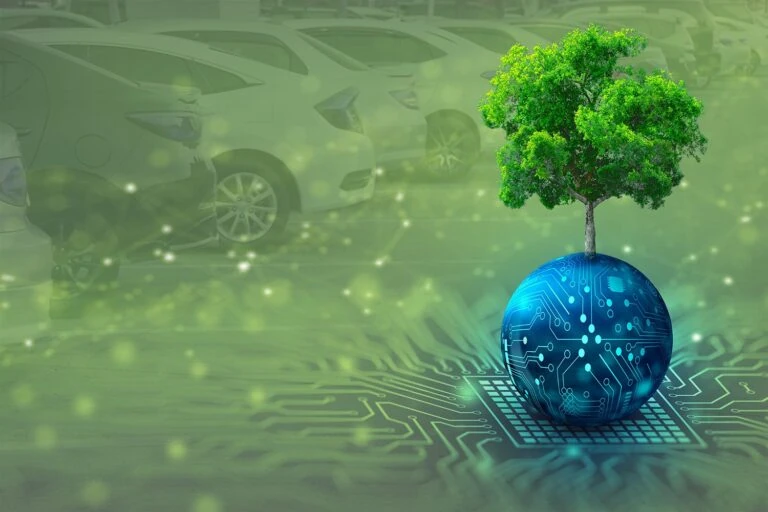 Abstract graphic with a network representation of a ball, sitting on a keyboard, and a tree growing out of the top