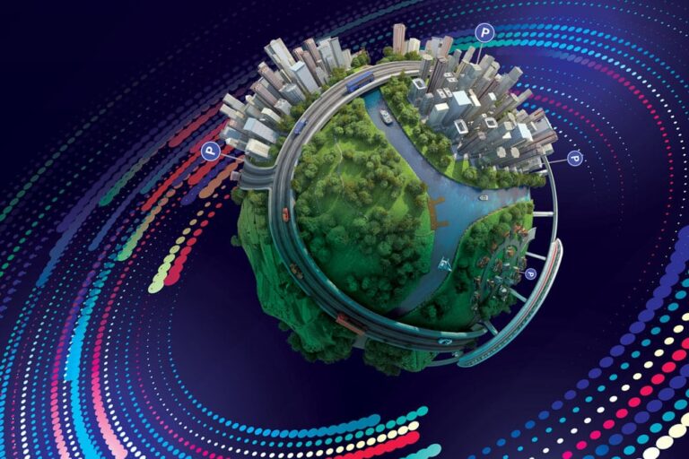 image of globe with green trees and grass, major highways, rivers with boats, surrounded by digital multicolored rings