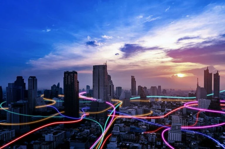 Evening rendering of major networking lines connecting buildings within a city