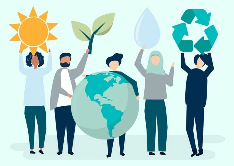 People holding environmental sustainability icons concept