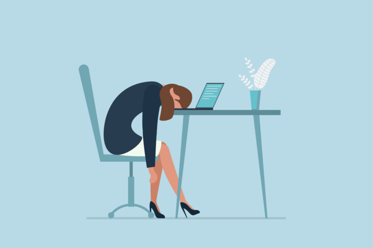 Professional burnout syndrome Exhausted sick tired female manager in office sad boring sitting with head down on laptop