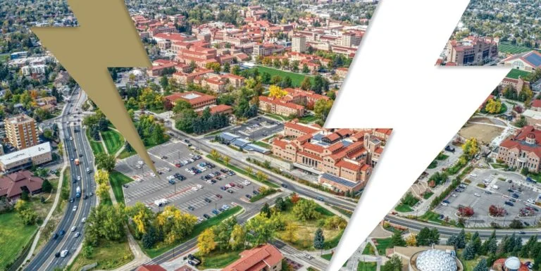 screenshot of buildings and parking lot with two bolts of lightning