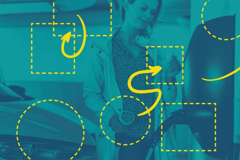Teal graphic of woman plugging in her car for an electric charge