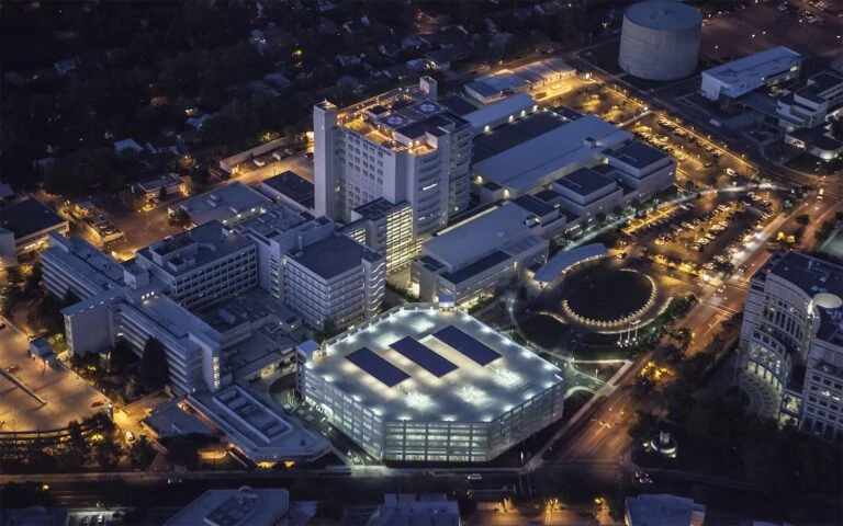Aerial shot of UC Davis Medical Center at Night.