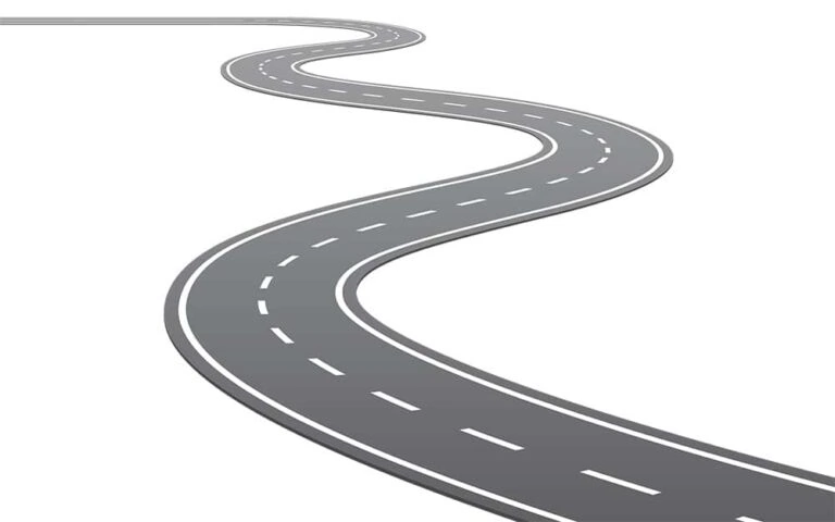 Vector curved gray road with white lines