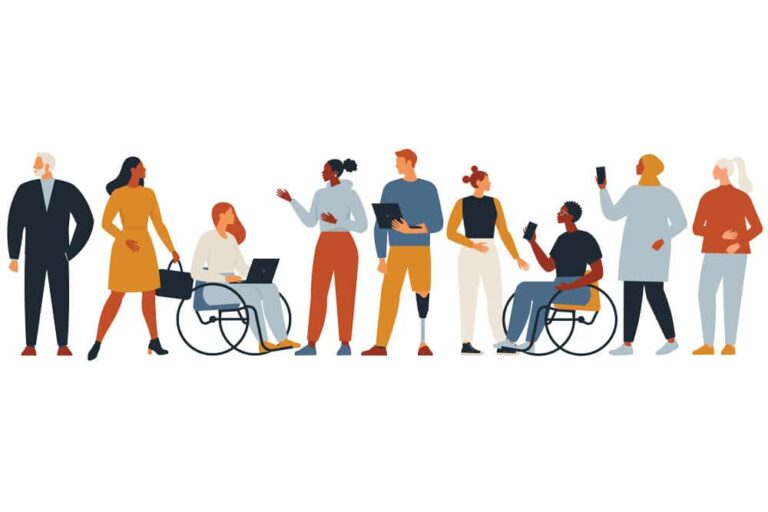 Stock graphic of people standing in a line interacting, with phones and laptops, including some handicapped people