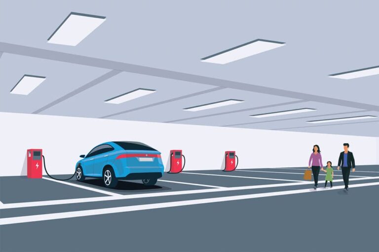 Drawing of a family (man, woman and child) walking in an indoor parking lot with one car charging near them
