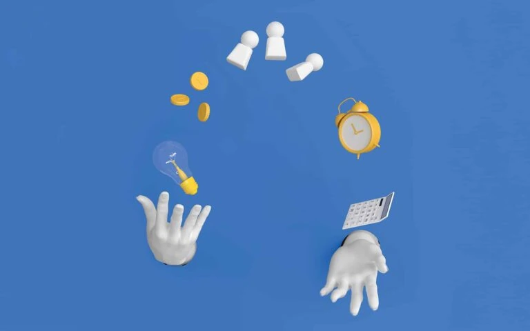 image of two hands juggling a light bulb, 3 coins, a small alarm clock and a calculator
