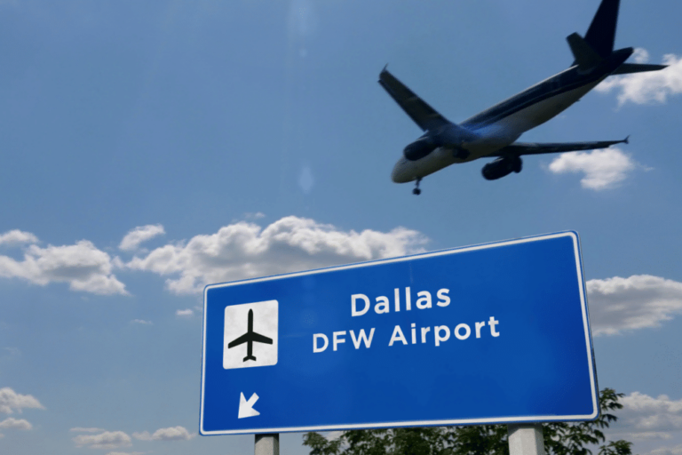 stock photo of Dallas DFW Airport with airplane coming in for a landing