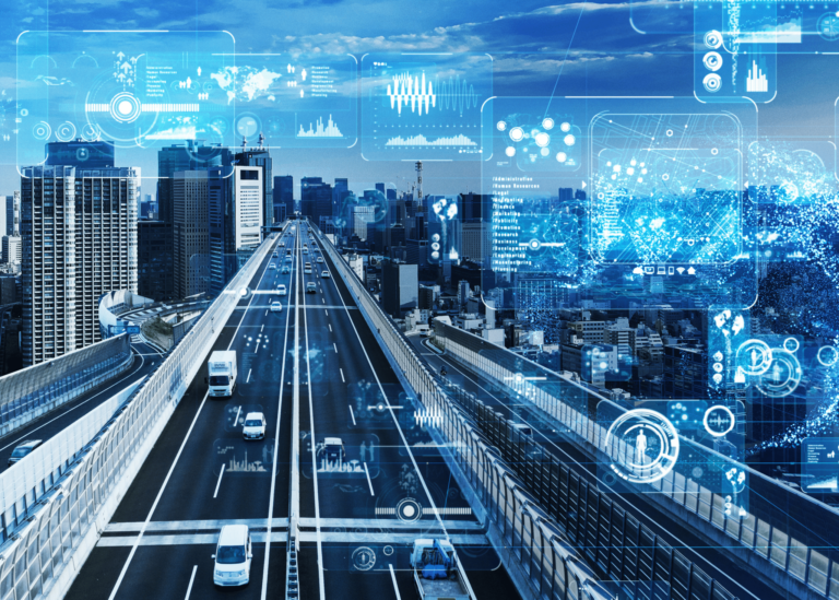 Graphic of mobility tech with blue background, cars on a highway, buildings