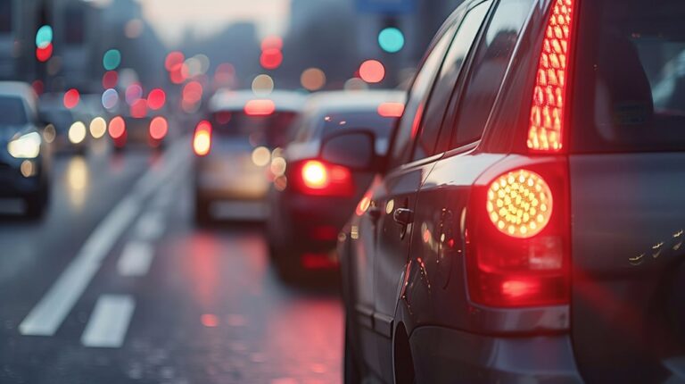 Vehicles caught in heavy traffic at a city intersection