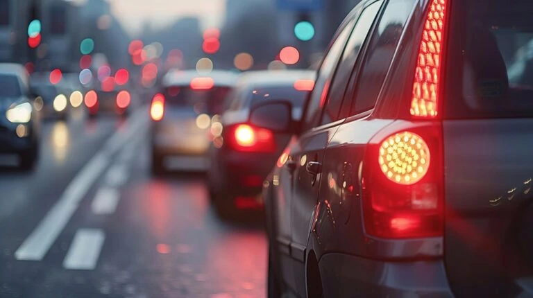 Vehicles caught in heavy traffic at a city intersection