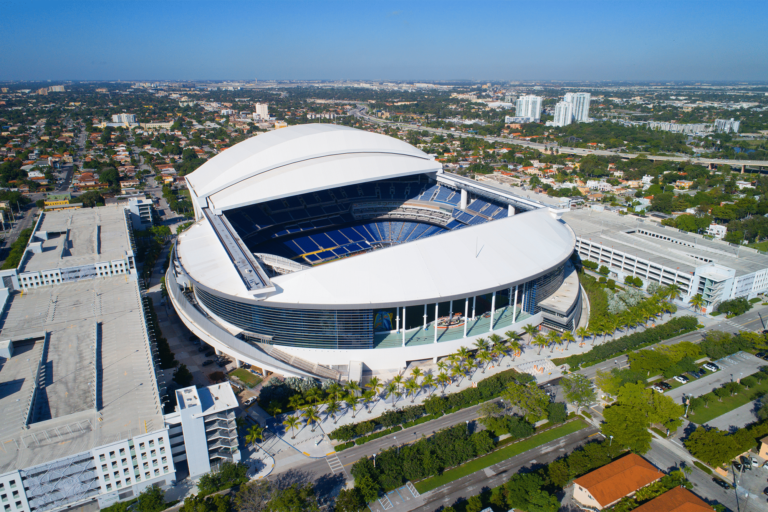 Stock photo of football stadium surrounded by parking garages