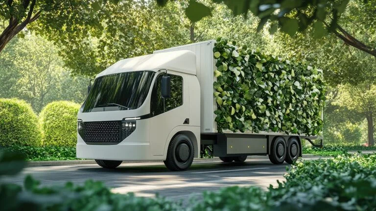 A white delivery truck driving on a road covered with green plants and leaves