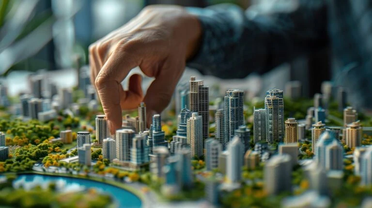 Photo of a hand moving models of buildings in a large interpretation of a city