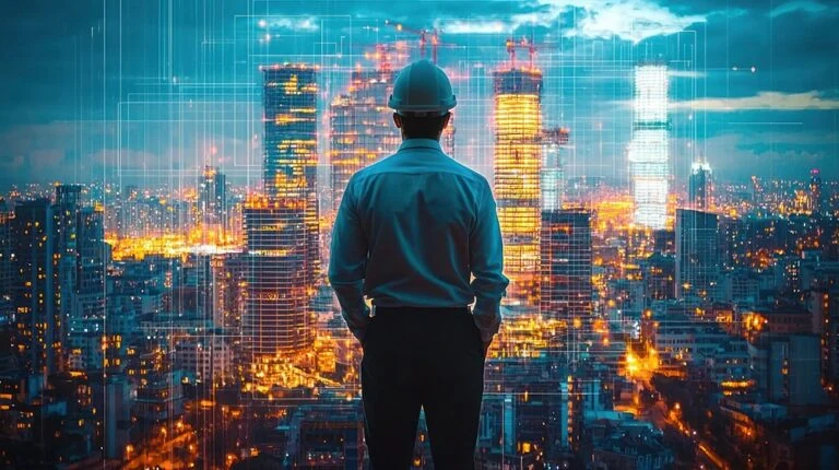 Engineer overseeing city with digital architectural overlay