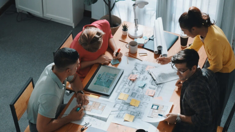 Top view of smart team working together