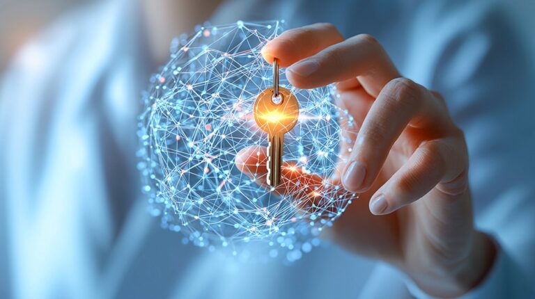 Unlock the potential of data ownership with glowing key surrounded by network of interconnected nodes symbolizing security and access