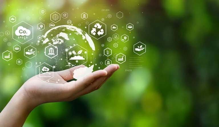 Hand holding clean climate icons