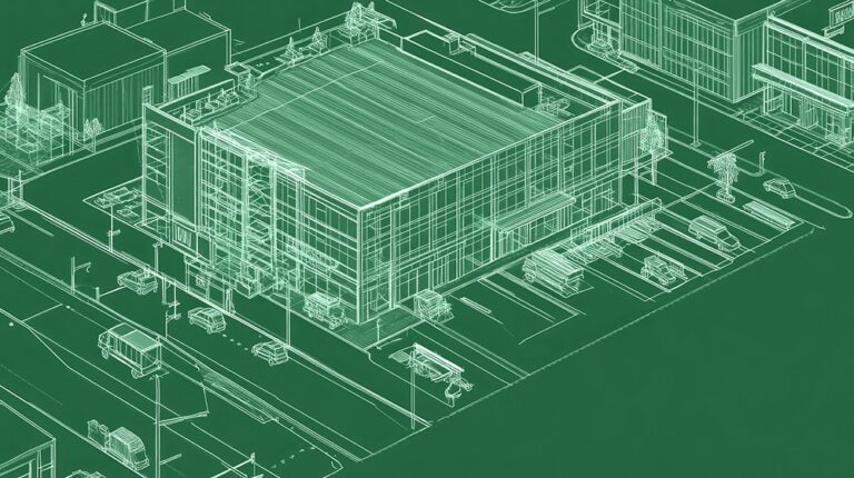 Building blueprint, plus an aerial view urban planning