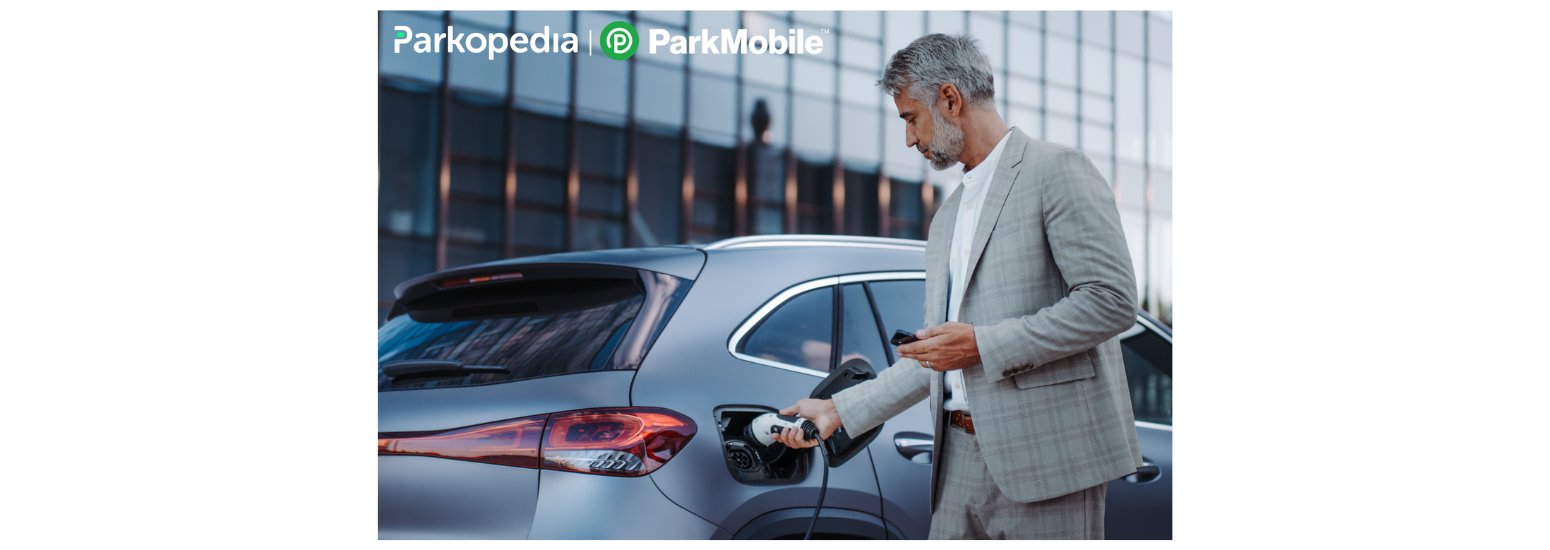 EV Charging a car, Parkopedia and ParkMobile Logos